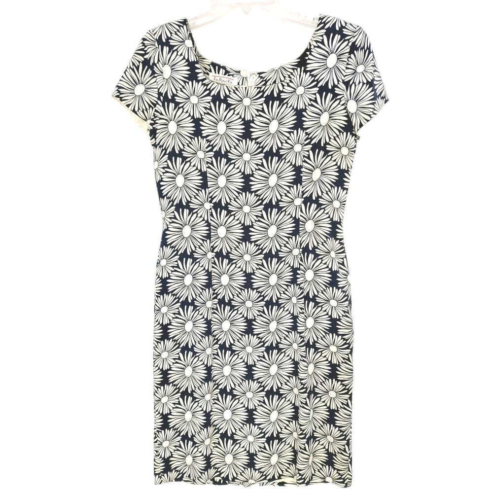 VTG Talbots sheath dress women's Sz 8 black white floral short sleeve Careerwear